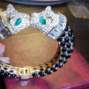 Emerald Green Eyed Double Panther Head Full Of Crystals, Faux Onyx CuffBracelet